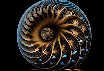 a very intricate looking spiral shaped object in the dark room of a building with a black background and a black background with a white and blue stripe at the bottom of the image is a. Generative AI