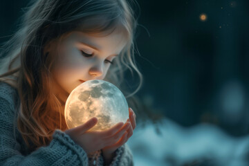 Naklejka premium Cute little girl holding a moon in her hands.