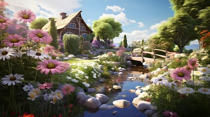 A peaceful garden with a variety of blooming flowers and a gentle stream flowing through it
