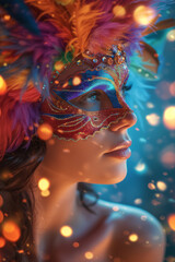 Beautiful young woman with creative make-up wearing multicolored carnival mask with feathers. Girl wearing costume celebrating carnival. Bokeh lights in background.