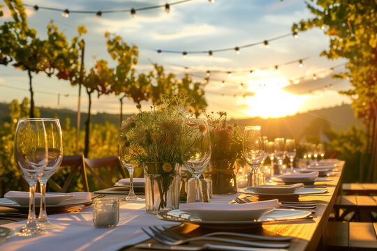 Stunning table arrangement for a wedding of festive event against a breathtaking backdrop of vineyards on summer sunset.