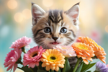 A cat smiling with a bouquet of flowers. Generative AI