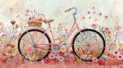 Bicycle in drawing, soft pop colored with basket full of joyful flowers