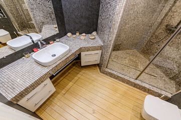 interior apartment room bathroom, sink, decorative elements, toilet. WC, sanitary unit, wash room