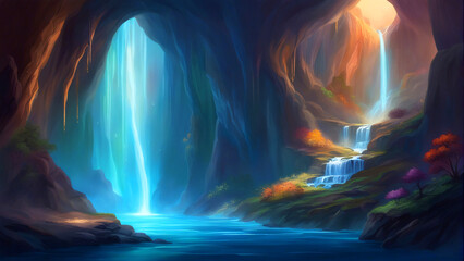 Waterfalls flowing through a cave.