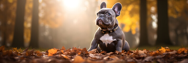 Engaging Autumn Serenity: A Captivating French Bulldog in a Fall Landscape