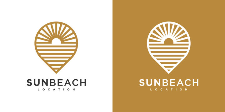Ocean sun wave location logo design template. Premium Vector