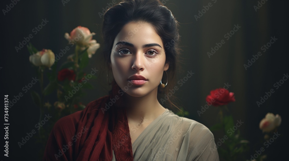 Wall mural A woman wearing a red scarf around her neck stands against a neutral background.