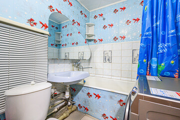 interior apartment room bathroom, sink, decorative elements, toilet. WC, sanitary unit, wash room