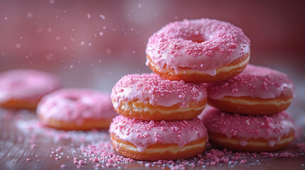 Professional food photo of appetizing and tasty sweet American donuts with pink glaze and icing