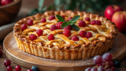 Professional food photo of appetizing and delicious homemade baked sweet pastry American pie with fruits and jam