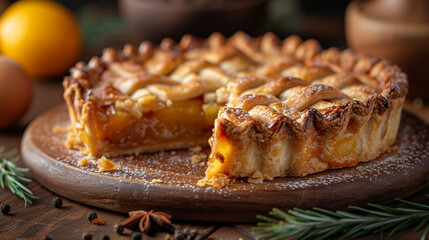 Professional food photo of appetizing and delicious homemade baked sweet pastry American pie with fruits and jam