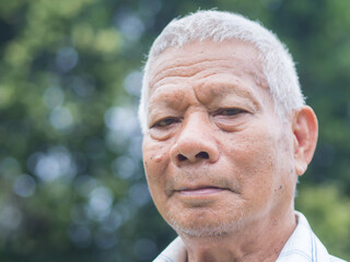 Seian Asian man is posing in the garden, standing and looking at the camera