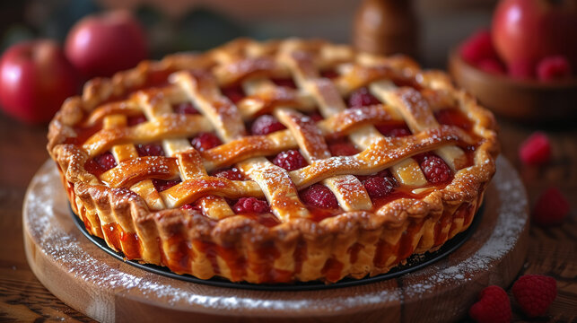 Professional food photo of appetizing and delicious homemade baked sweet pastry American pie with fruits and jam