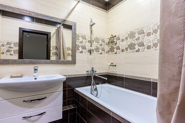 interior apartment room bathroom, sink, decorative elements, toilet. WC, sanitary unit, wash room