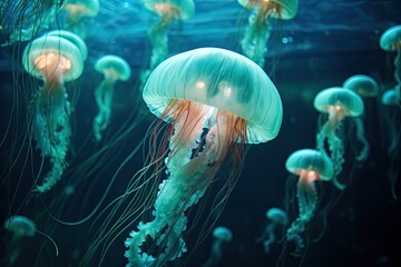 jellyfish in deep ocean underwater
