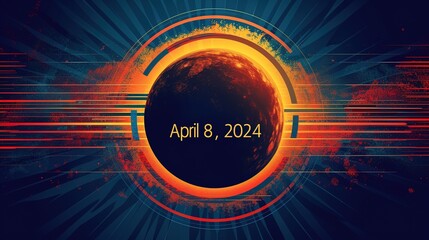Digital art of the April 8, 2024 solar eclipse with abstract purple and orange brush strokes on a black background. Generative AI          - obrazy, fototapety, plakaty
