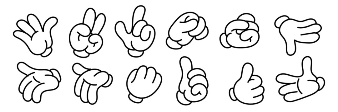 A set of retro gloved hands. A fashionable set of stylish cartoon hands showing various gestures. Toy gloved hands two fingers, three fingers, thumbs up, cool. Funny pointers or icons