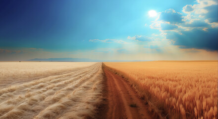 Fototapeta premium dramatic image of two opposite environments: a barren land with dry soil and a fertile field with golden wheat.