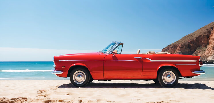 fancy red car parked along beautiful broad beach under blue clear sky, with copy space, travel concept landscape scene.