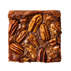 top view of a salted pretzel caramel brownie, placed on the white floor in food photography style isolated on a white background