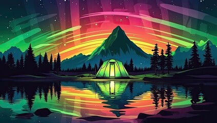 An illustration of a camping tent set up in front of a beautiful mountain lake, with vibrant aurora lights dancing in the night sky - obrazy, fototapety, plakaty