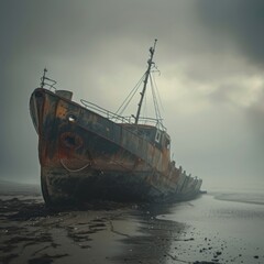 Fototapeta premium An abandoned ship on a foggy and dusty beach looks mystical and has been abandoned for a long time. Great for backgrounds, blogs, inspiration, imagination etc. Generative Ai