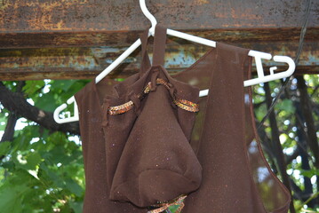 Ordinary life, style, fashion, beautiful brown women's dress with brown red organza jacket hanging...