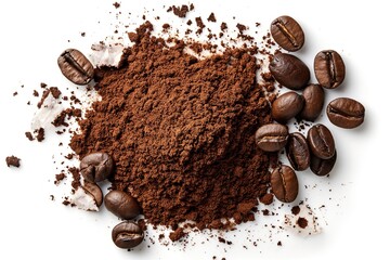 A collection of coffee beans and ground coffee neatly arranged in a pile.