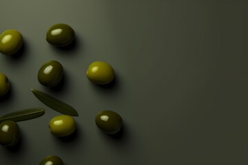 flat lay composition of fresh green olives isolated background