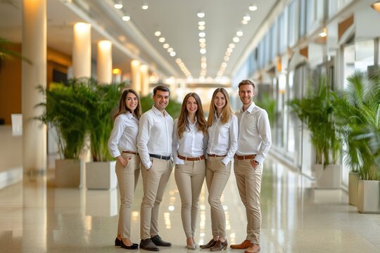 A group of bank workers wearing white shirts and beige pants standing together in a professional setting.