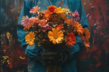 A person gracefully holds a beautiful bouquet of flowers in their hands.
