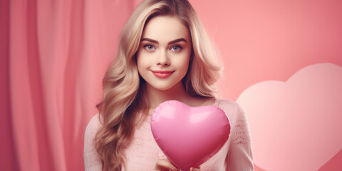 girl holding pink heart shaped balloon on pink banner. Valentine's day concept