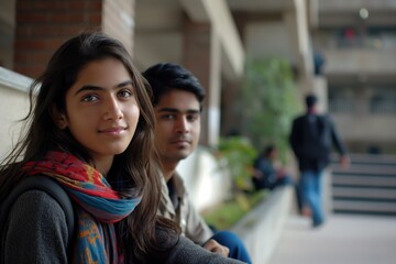 A group of Indian students are seated together at a modern university in Delhi, engaging in conversation.