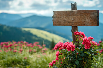 A wooden sign sits atop a vibrant green hillside.