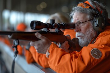 Mature white man shooting a rifle at a shooting range, American Rifle Association. - obrazy, fototapety, plakaty