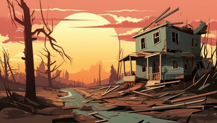 Illustration depicting destroyed houses in the aftermath of a catastrophic tornado event - obrazy, fototapety, plakaty