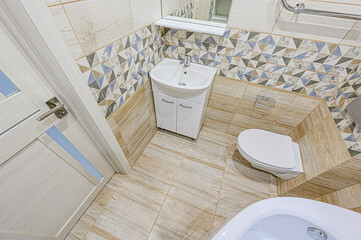 interior apartment room bathroom, sink, decorative elements, toilet. WC, sanitary unit, wash room
