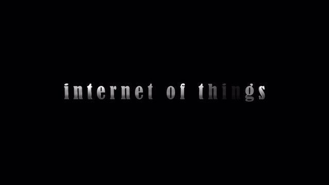 4K 3D Internet of things silver text with effect animation on black abstract background. Isolated using QuickTime Alpha Channel ProRes 4444