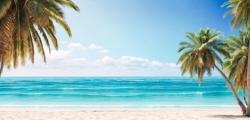 Beautiful beach and ocean or sea background with a palm tree under which there is a surfboard 