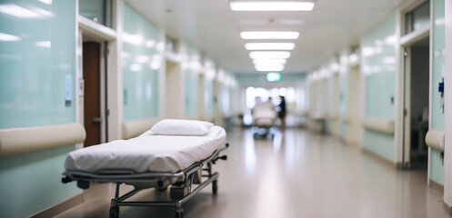 Blurred image of a hospital corridor with a patient in bed - Powered by Adobe