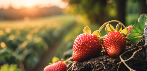 branch with natural strawberries on a blurred background of a strawberry field at golden hour. The concept of organic, local, seasonal fruits and harvest  - obrazy, fototapety, plakaty
