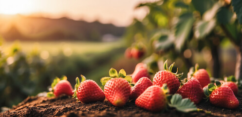 branch with natural strawberries on a blurred background of a strawberry field at golden hour. The concept of organic, local, seasonal fruits and harvest  - obrazy, fototapety, plakaty