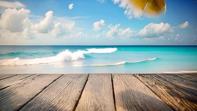 Serene Horizons: Oceanic Retreat for Soul. Wood desk boards create clean and natural ambiance, with palm and sea view in background. Great place to showcase your products on summer day