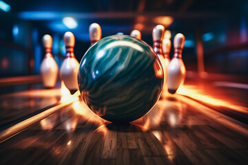 Close-up of a bowling ball hitting pins scoring a strike, bottom view and action shot. Ten pin bowling game concept