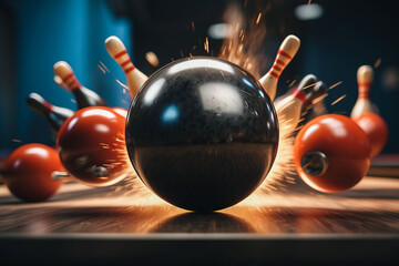 Close-up of a bowling ball hitting pins scoring a strike, bottom view and action shot. Ten pin bowling game concept