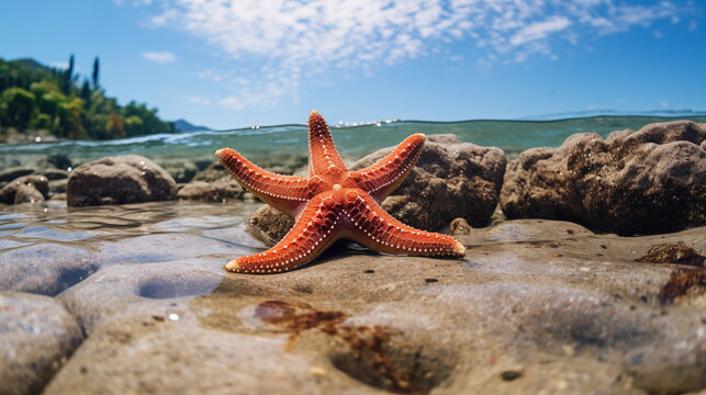 A seastar on the sand with an approaching wave in the background on a sunny day. This picturesque image captures the beauty and tranquility of the beach, evoking a sense of serenity 
