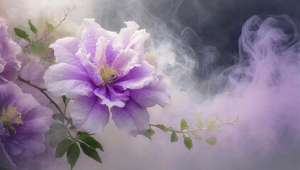 Klematis, fioletowy piękny kwiat i dym - obrazy, fototapety, plakaty
