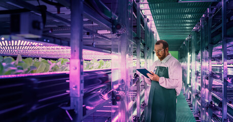 Agricultural Scientist Standing in a Corridor in a Vertical Farm Facility Next to Rack with Freshly...