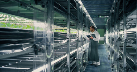 Biology Scientist Working in a Vertical Farm Facility Next to Rack with Natural Eco Plants. Farming Engineer Using a Tablet Computer, Organizing and Analyzing Crops Information Before Distribution